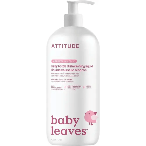 ATTITUDE Baby Dish Soap and Bottle Cleaner, EWG Verified Dishwashing Liquid, No Added Dyes or Fragrances, Tough on Milk Residue and Grease, Vegan, Unscented, 33.8 Fl Oz