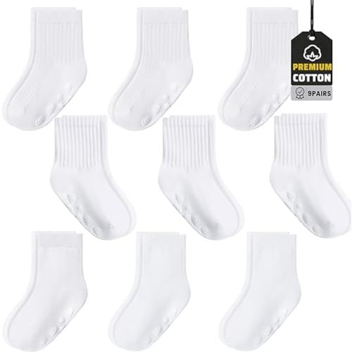 9 Pairs Baby Toddler Socks Crew Sock Ruffle Dress Non Slip Grip Cute Cotton for Infant Newborn Boys Girls White