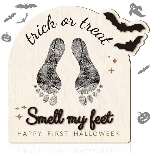 Baby's First DIY Footprint Art Wooden Milestone Card Keepsake Little Boo Sign Nursery Decorative Ornaments for Baby Shower Newborn Photoshoot Prop(Halloween Retro)