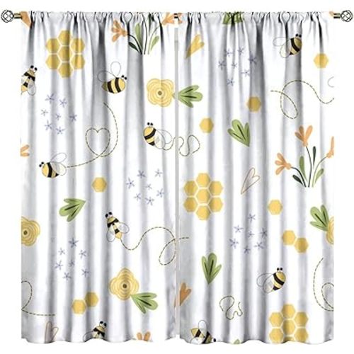 Cartoon Spring Bee Flower Curtains Flying Bees Beautiful Flowers Pentagonal Petals Green Weeds Yellow Honey Window Drapes for Kids Boys Girls Room Bedroom Living Room Office Kitchen 42" W X 45" L