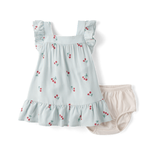 Baby Girls Striped Cherry Ruffle Dress - Blue