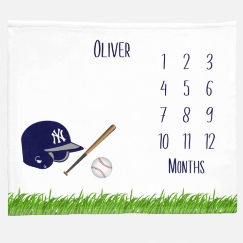 Yankees Baseball Helmet Baby Month Blanket Boy, Monthly Milestone Blankets Mets Fan Bat Sports Team Nursery, Photo Prop Mat Growth Tracker