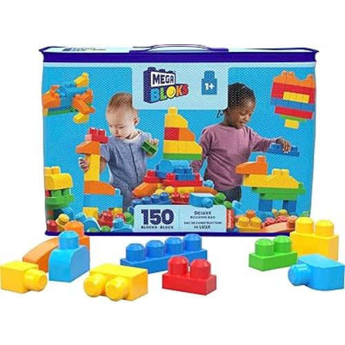 MEGA BLOKS First Builders Toddler Blocks Toys Set, Deluxe Building Bag with 150 Pieces and Storage, Blue, Ages 1+ Years