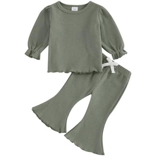 fhutpw Infant Girl Clothes Lantern Sleeve Solid Top and Flared Pants Sets Baby Newborn 6 12 18 Months 2T Fall Winter Outfits