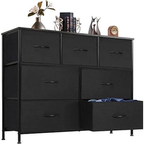 DUMOS Dresser for Bedroom with 7 Drawers, Storage Organizer Units Furniture, Chest Tower TV Stand with Fabric Bins, Metal Frame, Wooden Top for Nursery, Living Room, Bedroom, Closet, Black01