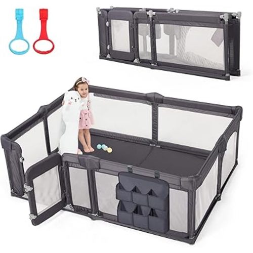 Baby Playpen,79"x59" Foldable Baby Playpen for Babies and Toddlers with Gate,Large Baby Play Pens with Zipper Door,Baby Play Yards Play Area (Deep Grey)