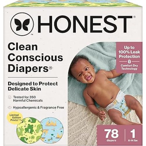 The Honest Company Clean Conscious Diapers®, Up to 100% Leak Protection, Designed to Protect Delicate Skin, Hypoallergenic + Fragrance-Free, UR Ribbiting + Waddle It Be, Club Box, Size 1, 78 Count