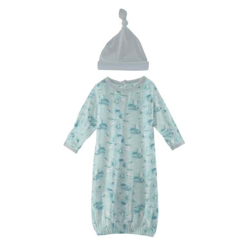 Print Layette Gown & Single Knot Hat Set in Water
