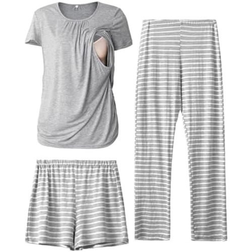 SUNNYBUY Womens Maternity Nursing Pajamas Set, Short Sleeve Breastfeeding Shirts,Pregnancy Shorts & Pants 3 Piece Nursing PJS