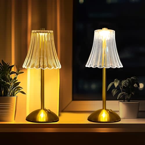 YYFWND 2 Packs Metal Crystal Table Lamp, Cordless Small Light, 2000mAh Rechargeable LED Diamond Table Lamps, 3 Color Changing Light, Non-Yellowing Acrylic Touch Control Table Lamp for Bedroom