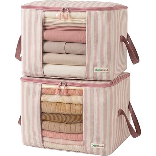 Chaos Cleared Kids Storage Bags – 100% Cotton Canvas Toy & Clothes Organizer with Cute Design – Storage Bin for Stuffed Animals, Baby Items & Clothes with Zipper & Handles (Pink Stripe Print)