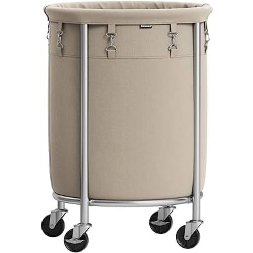 SONGMICS Laundry Basket with Casters, Rolling Laundry Hamper, 29 Gal., Round Laundry Cart with Steel Frame and Removable Bag, 4 Casters and 2 Brakes, Camel Brown and Metallic Silver URLS002N01