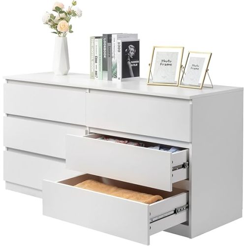 Vibe & Dine White Dresser, Modern 6 Drawer Double Dresser for Bedroom, Wood Chest of Drawers with Wide Storage for Living Room