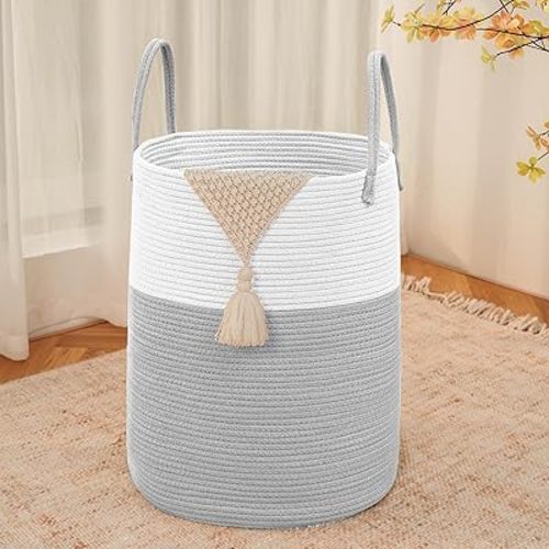Large Woven Laundry Basket Hamper,60L Cotton Rope Storage Bin for Blankets,Toys and Clothes,Decorative Tall Nursery Hamper for Living Room,Baby Nursery,Bathroom and Bedroom,Light Grey