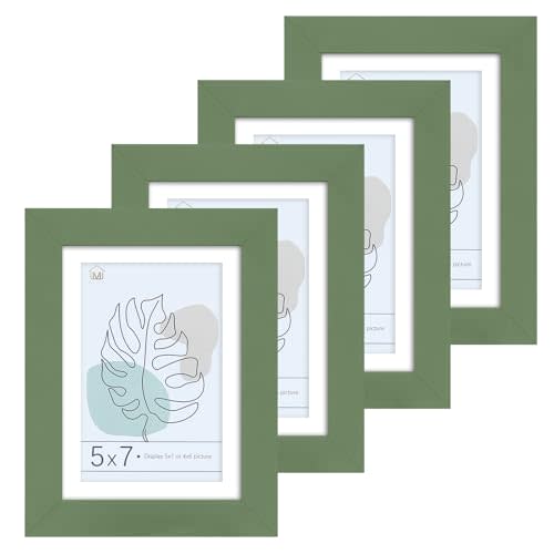 Muzilife 5x7 Wood Picture Frame Flat with Real Glass Cover, Green Photo Frame Display Pictures 4x6 with Mat or 5x7 Without Mat, Vertical & Horizontal on Wall or Tabletop, Set of 4