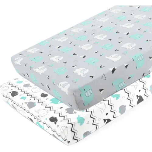Pack n Play Sheets, BROLEX 2 Pack Mini Crib Sheets,Stretchy Portable Fitted Playard Sheet Set, Convertible Playard Mattress Cover,Ultra Soft Breathable Material,Elephant & Whale
