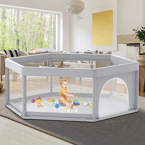 65" ×65" Hexagonal Baby Playpen, Baby Playard for Babies and Toddlers, Baby Fence Play Pens for Indoor & Outdoor, Sturdy Safety Play Yard with Soft Breathable Mesh, Anti-Fall, Grey