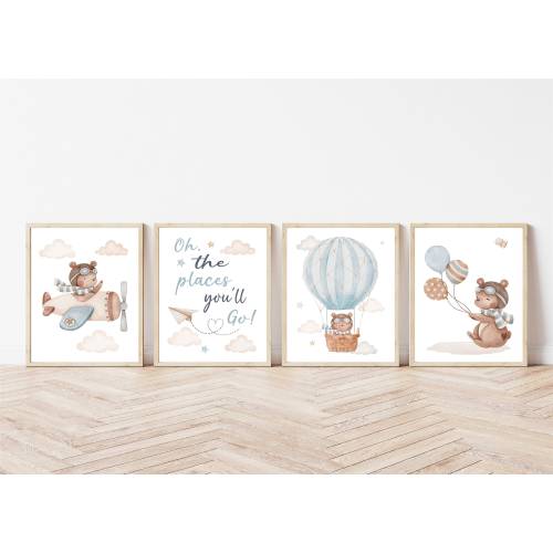 Bear Airplane Nursery Decor Set of 4 Unframed Prints Oh The Places You'll Go Aviation Adventure Themed Decor