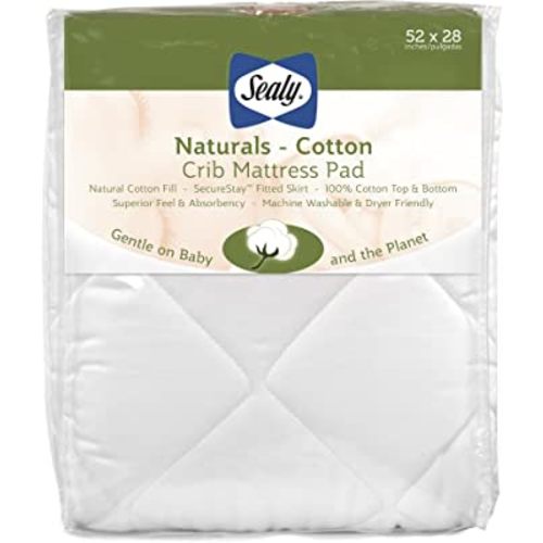 Sealy Naturals Cotton Waterproof Fitted Toddler Bed and Baby Crib Mattress Pad Cover Protector, Noiseless, Machine Washable and Dryer Friendly, 52" x 28" - White