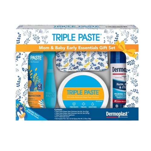 Triple Paste Mom & Baby Early Essentials Gift Set with 5 Items, Diaper Rash Ointment 8oz Jar & 2oz Tube, Spatula Applicator, Dermoplast Spray, and Multi-Use Cover, Shower Gifts for Moms