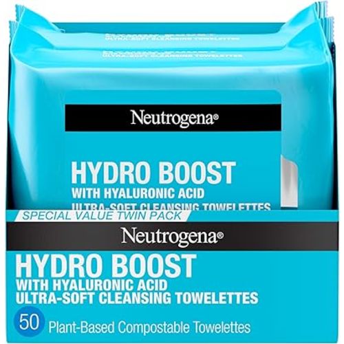 Neutrogena Hydro Boost Face Wipes + Hyaluronic Acid, Hydrating Makeup Remover Wipes Remove Dirt & Waterproof Makeup, Hypoallergenic, 100% Plant-Based Cloth, 2 x 25 ct