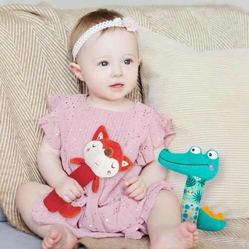GIKOP Soft Baby Rattle Toys for 0 3 6 9 Month, Plush Crocodiles & Foxes Stuffed Animal Rattle, Infant Toy for Baby Rattle Plush (2 Pcs) - Green & Red 2 Pcs