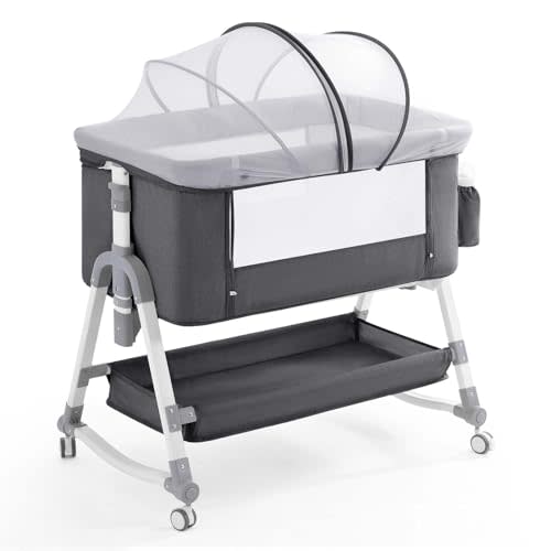 3 in 1 Baby Bassinet,Easy Folding Portable Bedside Crib with Comfy Mattress and Wheels,Height Adjustable Bassinet with Mosquito net Included,Grey