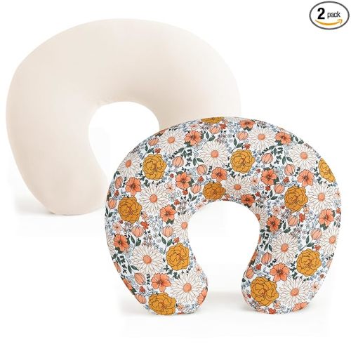 (Beige, Floral) Konssy 2 Pack Nursing Pillow Covers, Stretchy and Soft Nursing Cover for Breastfeeding, Pillow Slipcover for Baby Girls Boys Newborn