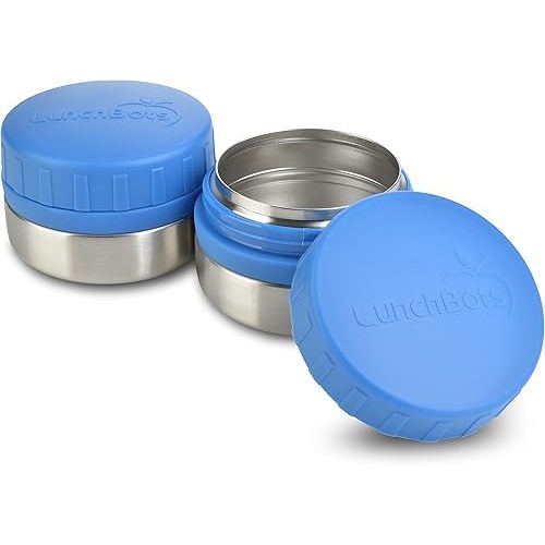 LunchBots Rounds Leak Proof 4 oz. Stainless Snack Container Jar, Set of 2, Blue Lid