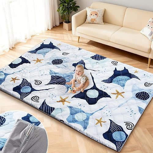 Omzer Baby Play Mat, 74x50 Inch Removable & Machine Washable Cover for Easy Clean, 1.2" Thick Elasti-Foam Playpen Mat for Infants Toddlers, Non-Slip Floor Cushion for Safe Crawling - Blue