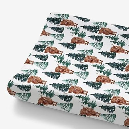 HawSkgFub Highland Cow Pine Tree Changing Pad Cover for Baby Girl Boy, Natural Western Farm Animal Diaper Change Table Covers, Soft Stretchy Safe Snug Fitted Changing Mat Sheet Fit 32"/34" x 16"