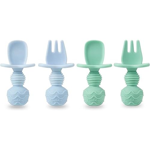 PandaEar 4 Pack Silicone Baby Spoons and Fork Feeding Set- Anti-Choke First Self Feeding Utensils for Baby Led Weaning Ages 3 Months (Cyan+Blue)