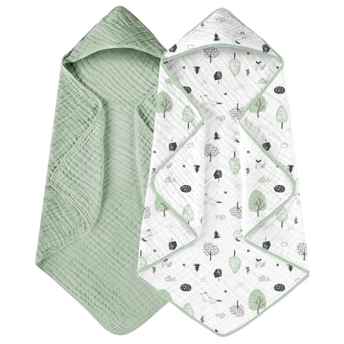 Yoofoss Hooded Baby Towels for Newborn 2 Pack 100% Muslin Cotton Baby Bath Towel with Hood for Babies, Infant, Toddler and Kids, Large 32x32Inch, Soft and Absorbent Newborn Essential