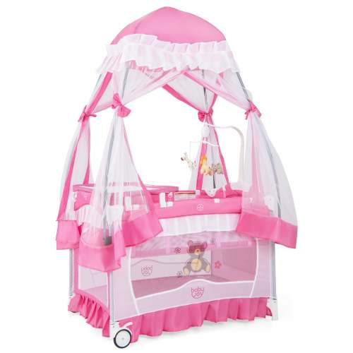 BABY JOY 4 in 1 Pack and Play with Canopy, Portable Baby Playard with Bassinet