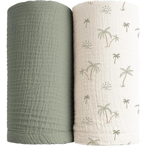 Konssy Muslin Swaddle Blankets for Boys Girls, 2 Pack Receiving Baby Blanket Large 47 x 47 inches, Soft Breathable Swaddling Wrap for Unisex Newborn (Tree,Fog Green)