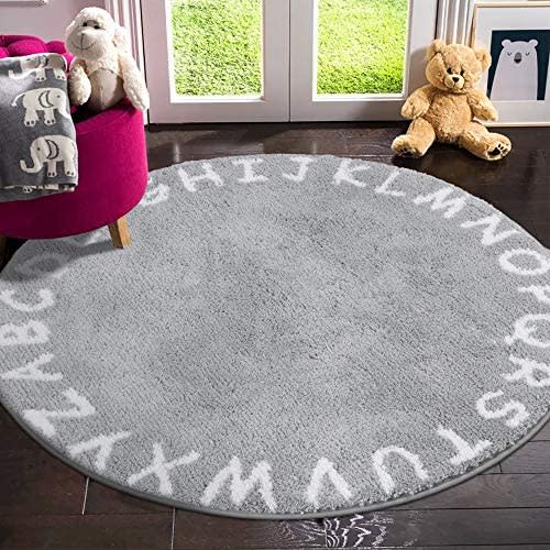 LIVEBOX ABC Kids Play Mat, Alphabet 4ft Round Area Rugs Soft Plush Educational Learning & Game Baby Crawling Mat Non-Slip Tufted Throw Carpet for Nursery Decor Bedroom Best Shower Gift(Gray)