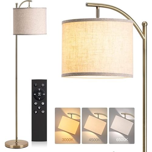 addlon Floor Lamp for Living Room with Remote, Dimmable Standing lamp with Linen lampshade for Bedroom, Office, Lamps with 9W LED Bulb Included - Brass Gold with Beige Shade