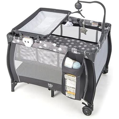 Costzon 3 in 1 Pack and Play with Bassinet, Portable Baby Playard with Changing Table, Music Box, Whirling Toys, Wheels/Brake, Basket, Bag, Foldable Infant Bassinet for Baby Toddlers Indoor Outdoor