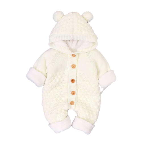 Baby Sweater Jumpsuit Boys Girls Button Long Sleeve Fleece Lined Rompers Knit Onesies Pajamas Infant Fall Winter Clothes, Beige, 12-18 Months