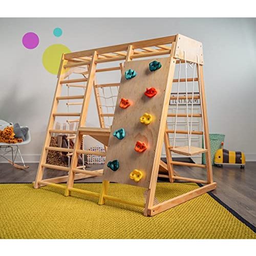 Avenlur Indoor Playground Jungle Gym Kids, Toddlers Wooden Climber Playset 6-in-1 Slide, Rock Climb Wall, Rope Wall Climbing, Monkey Bars, Swing, Montessori, Waldorf Style for Children Ages 2 - 6yrs
