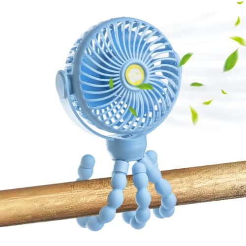 yorraka Upgraded Stroller Fan Clip On for Baby, Portable Fan with Flexible Tripod, 4000mAh Battery Powered Car Seat Fan with Dual 360°Rotation for Treadmill Crib Travel, Baby Summer Essentials(Blue)