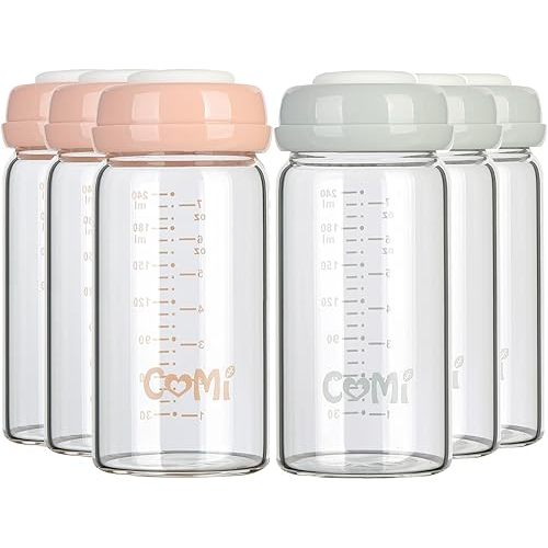 COMI Wide Neck Glass Breastmilk Collection n Storage Bottle, 6 Packs, 8oz with Screw Ring Sealing Disk; Re-markable Sealing Disc. BPA Free, Fits Breast Pumps & Nipples (3 Gray Lids + 3 Pink Lids)