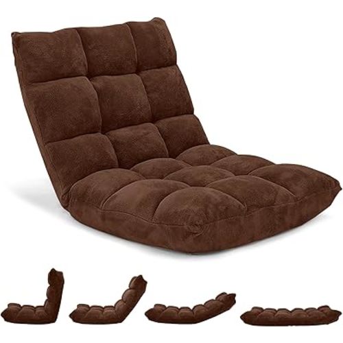Byroce Folding Floor Gaming Chair, 14-Position Adjustable Lazy Padded Sleeper, Sofa Bed with Back Support, Couch Recliner Floor Chair for Meditation, Reading in Bedroom, Living Room (Coffee)