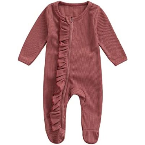 Newborn Baby Girl Footie Waffle Knit Romper Zippers Ruffle Jumpsuit Fall Winter Clothes