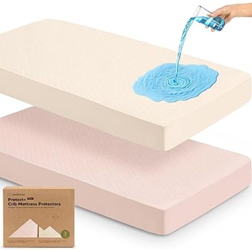 Waterproof Crib Mattress Protector Cover Fitted - 2-Pack Quiet Baby Mattress Topper Crib Sheets, 52" x 28" Quilted Cotton Baby Crib Mattress Pad Sheet, Easy Fit, Durable, Toddler Liner (Cameo)