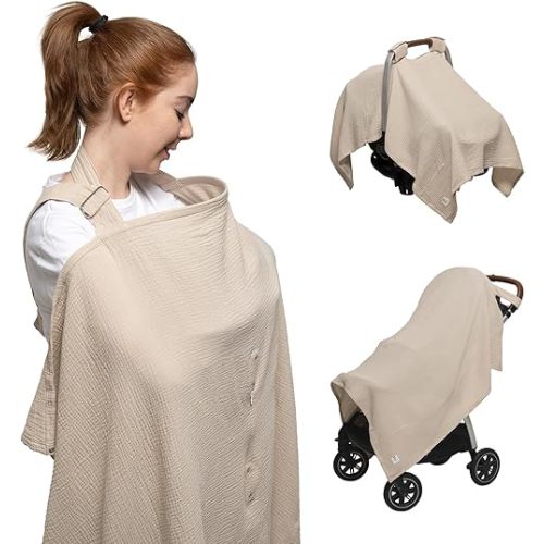 Nilsa 5-in-1 Muslin Nursing Cover up for Breastfeeding & Baby Car Seat Cover - Breathable Breastfeeding Cover With Rigid Hoop - 100% Cotton Privacy Apron Breast Feeding Covers For Women (Ecru)