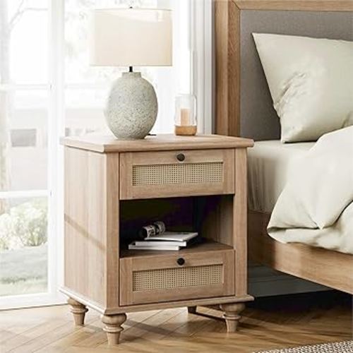 WAMPAT Rattan Side Table Nightstand with Charging Station, Light Wood End Table with 2 Drawers for Living Room, Rustic Farmhouse Night Stand Bedside Table for Bedroom, Oak