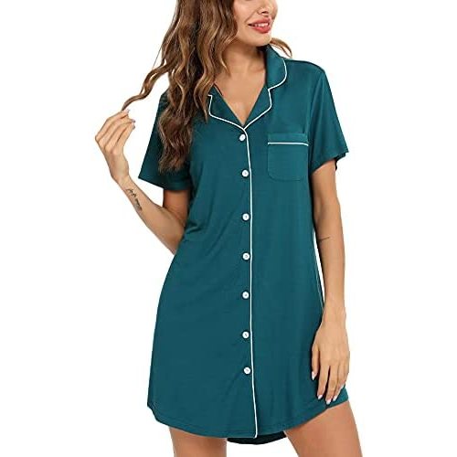 Samring Pajama Nightgown for Women Short/Long Sleeve Button Down Nightwear Top Boyfriend Sleep Shirts Nightdress S-XXL