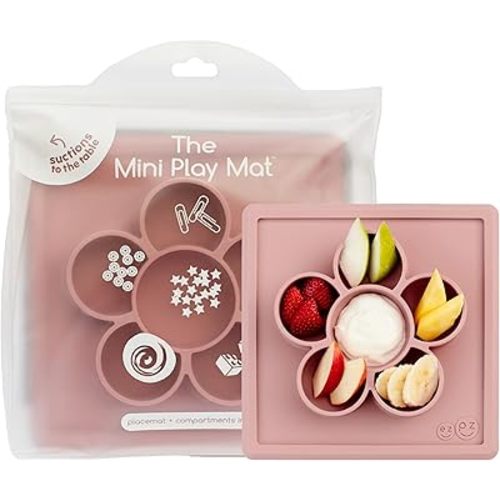 ezpz Mini Play Mat for Baby + Toddler - 6 Months+ (Blush) - Suction Plate with Flower Compartments for Crafts, Painting, Sorting, Snack Time - Promotes Pincer Grip