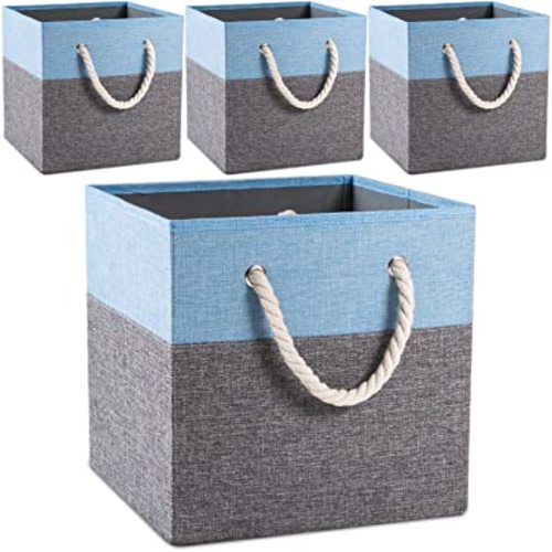PRANDOM Large Foldable Cube Storage Bins 13x13 inch [4-Pack] Fabric Linen Storage Baskets Cubes Drawer with Cotton Handles Organizer for Shelves Nursery Closet Bedroom Blue